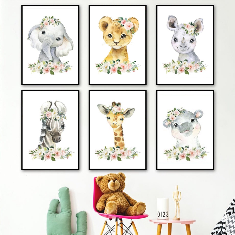 Baby Nursery Jungle - 花柄ジャングル動物キャンバスプリント保育園装飾象キリン絵画壁写真北欧ポスター女の赤ちゃんの部屋用
