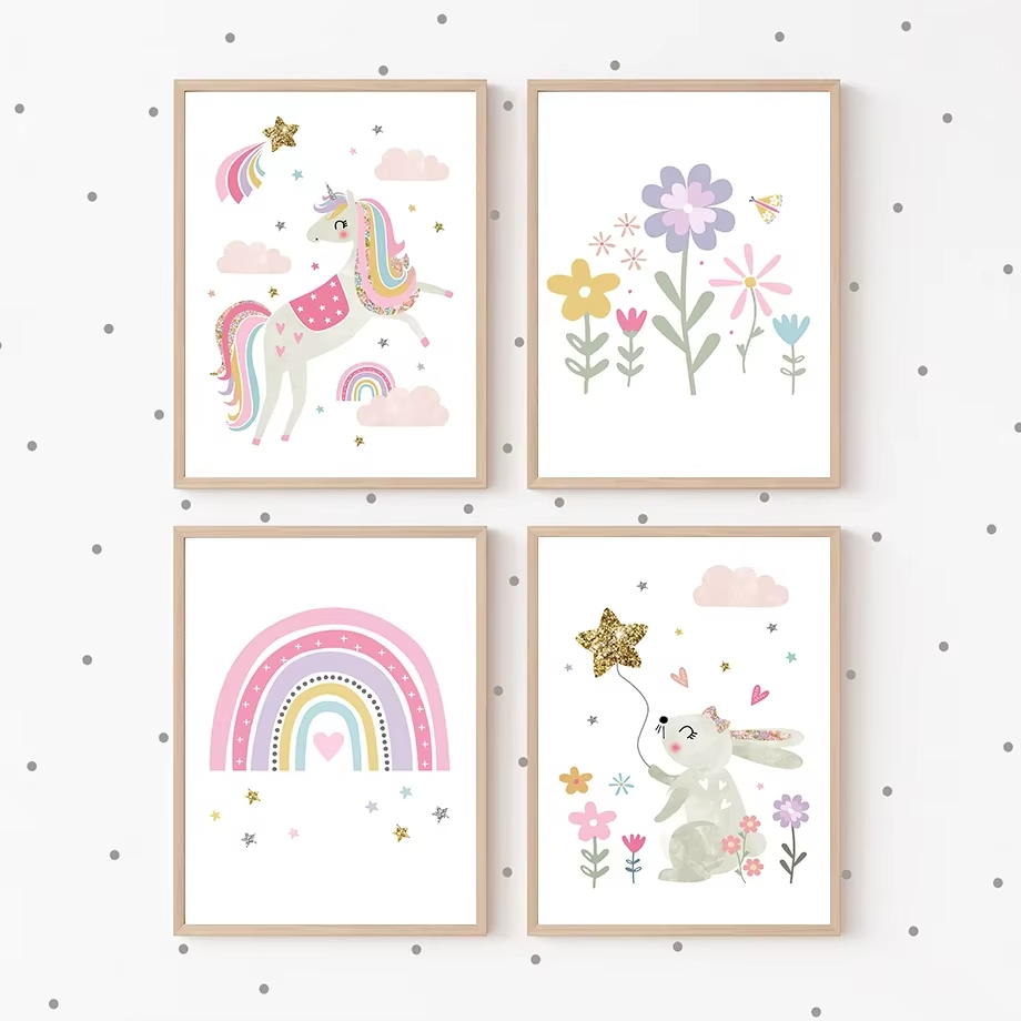 Baby Unicorn Nursery - ピンクのユニコーンウサギ虹雲花保育園壁アートキャンバス絵画ポスターとプリント壁の写真ベビーキッズルームの装飾