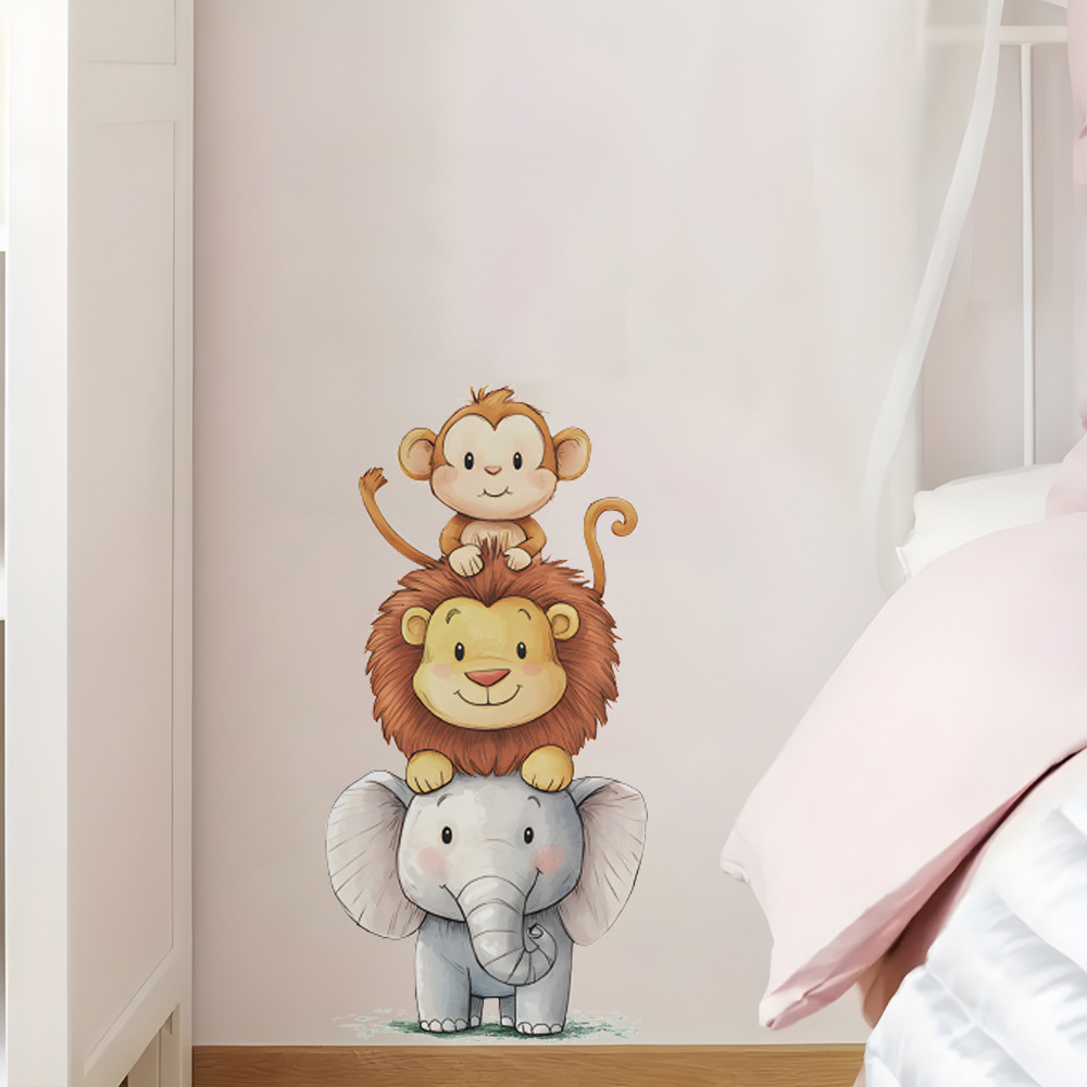 Baby Nursery Stickers - かわいい森の動物の壁ステッカー部屋用ベビールーム装飾保育園壁紙ビニール象ライオン