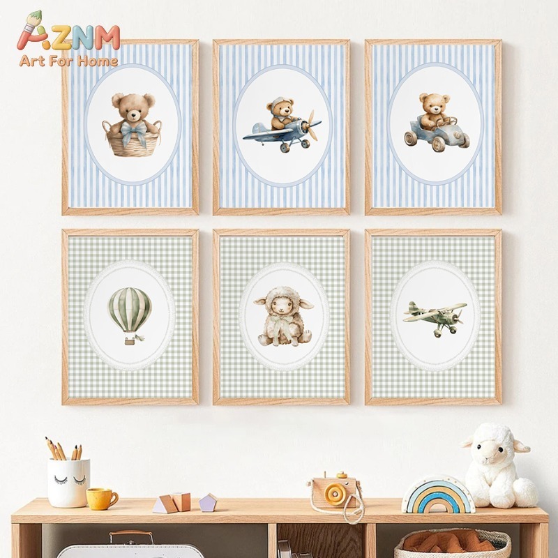 Baby Nursery Set Furniture - 水彩テディベア保育園ウォールアートブルーストライプチェック柄キャンバスプリント赤ちゃん男の子寝室装飾フレームなし6枚セット