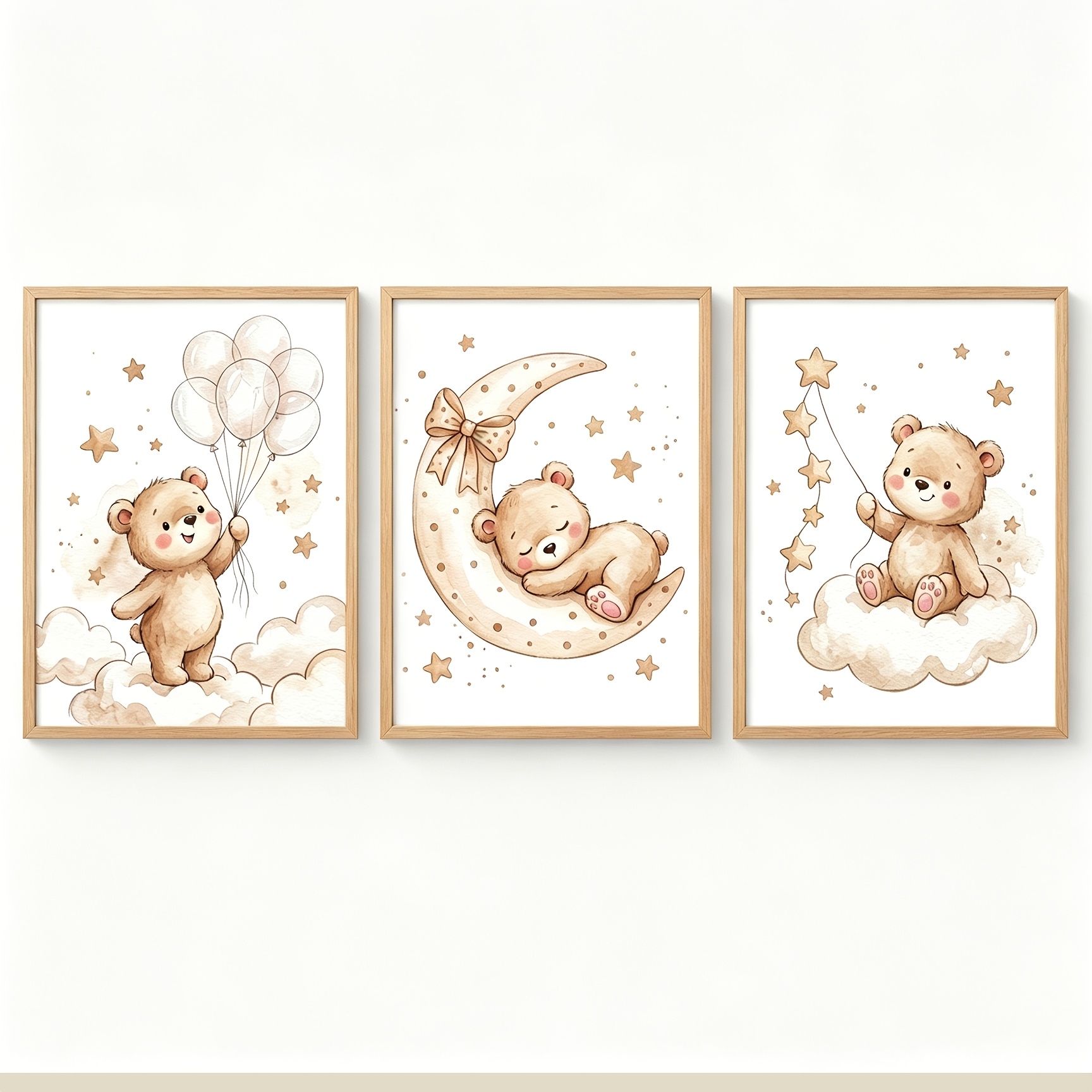 Baby Nursery Gender Neutral - （NOframe 3PCS）-2Dフラット、かわいい寝そべるクマの子供部屋用プリント - ソフトブラウン、幼児の部屋の装飾に適しており、ジェンダーニュートラルなベビー向け