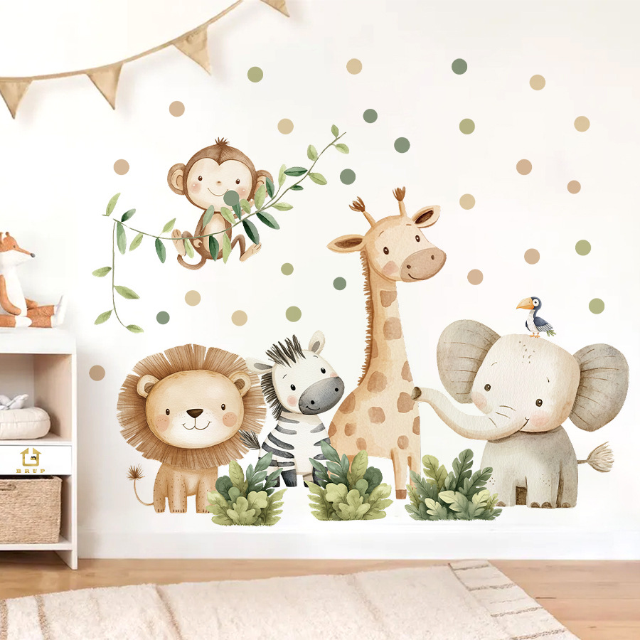 Baby Nursery Set Furniture - 自由奔放に生きる森の動物ウォールステッカーキッズルーム用男の子女の子ベビールーム装飾保育園壁紙象キリン猿ライオン
