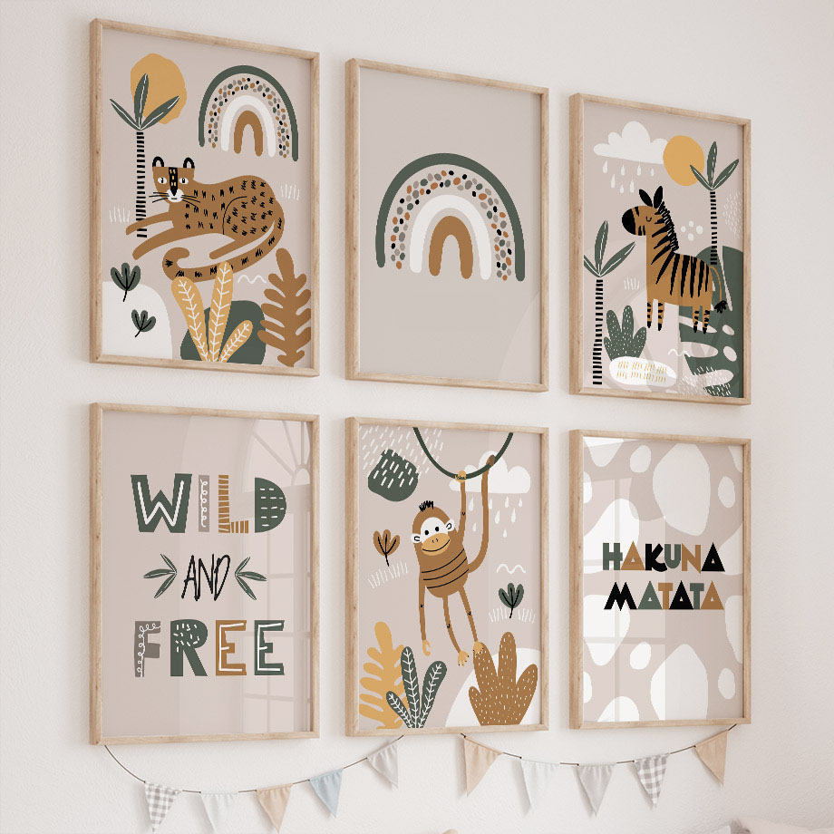Baby Nursery Jungle - ヒョウゼブラ猿ジャングル動物保育園ウォールアートキャンバス絵画北欧ポスターとプリント画像ベビーキッズルームホームデコレーション