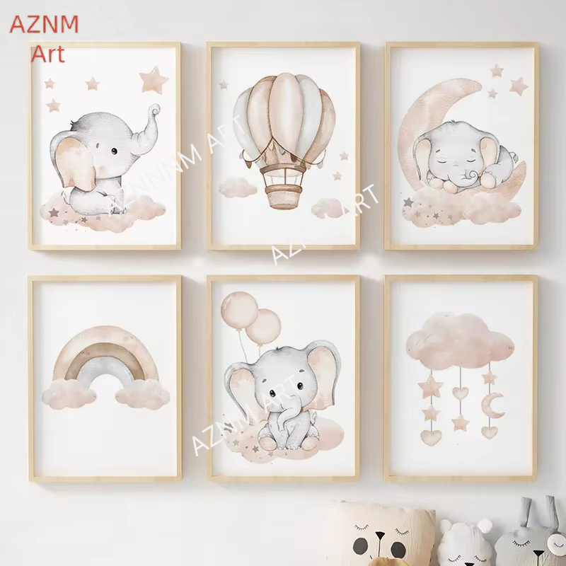Baby Nursery Home - 象バルーン虹月星雲スイングベビーキッズポスター壁アート保育園キャンバスプリントホームルーム装飾写真