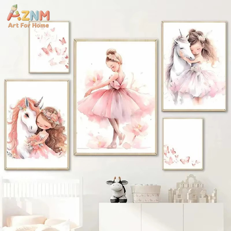 Baby Unicorn Nursery - 1PC、ピンクバレリーナガールユニコーン蝶ポスターキッズルーム装飾キャンバスポスター保育園壁アートポスターベビーベッドルーム装飾