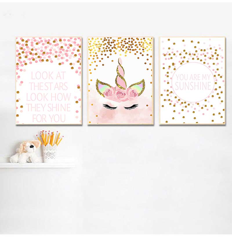 Baby Unicorn Nursery - 装飾絵画女の赤ちゃんの寝室の装飾ピンクユニコーン保育園引用アート壁キャンバスプリント絵画北欧スタイル