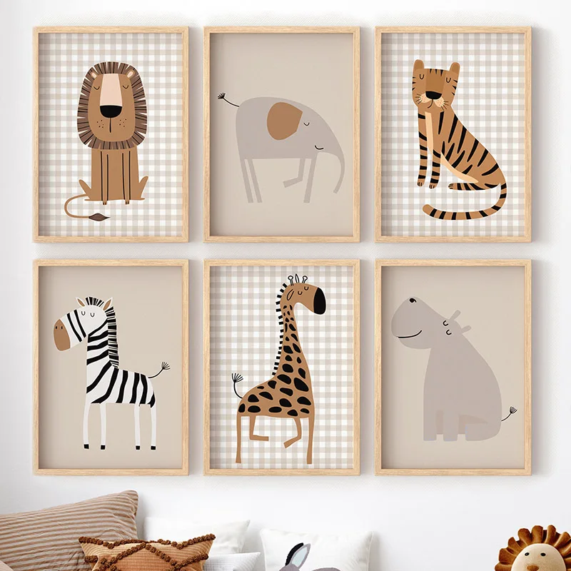 Baby Nursery Jungle - (フレームなし)ライオン、トラ、ゾウ、キリン、ジャングル、動物、保育園、ウォールアート、キャンバス絵画、ポスターとプリント、壁の絵、ベビーキ