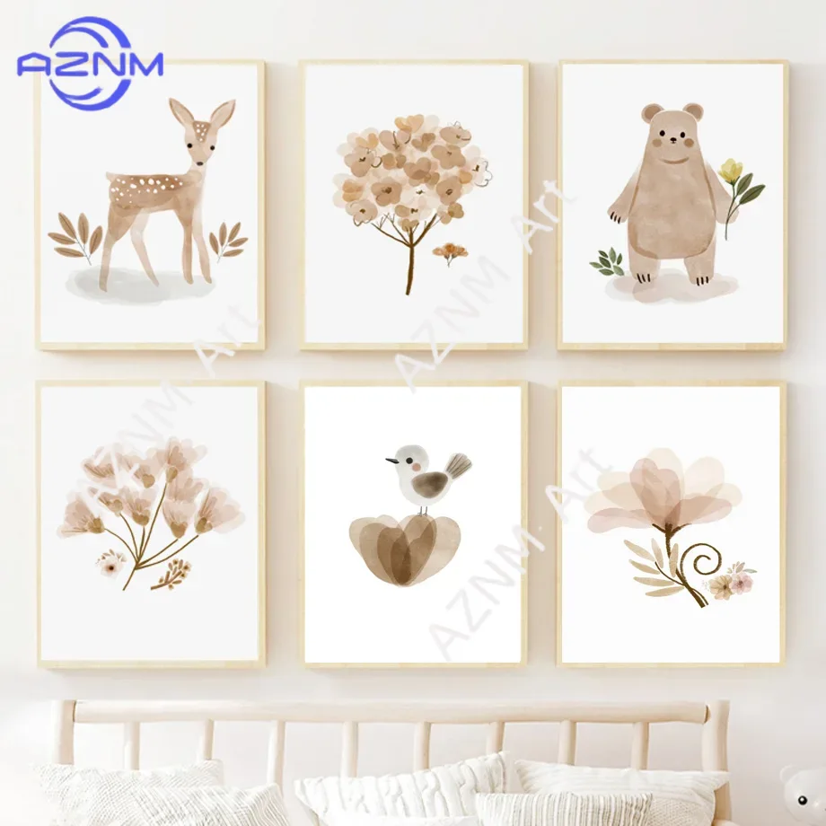 Baby Nursery Gender Neutral - ボヘミアンスタイルの保育園用ウォールアートキャンバス - かわいい鹿、クマ、虹、鳥、花柄プリント、子供部屋の装飾、北欧風ポスターと絵画