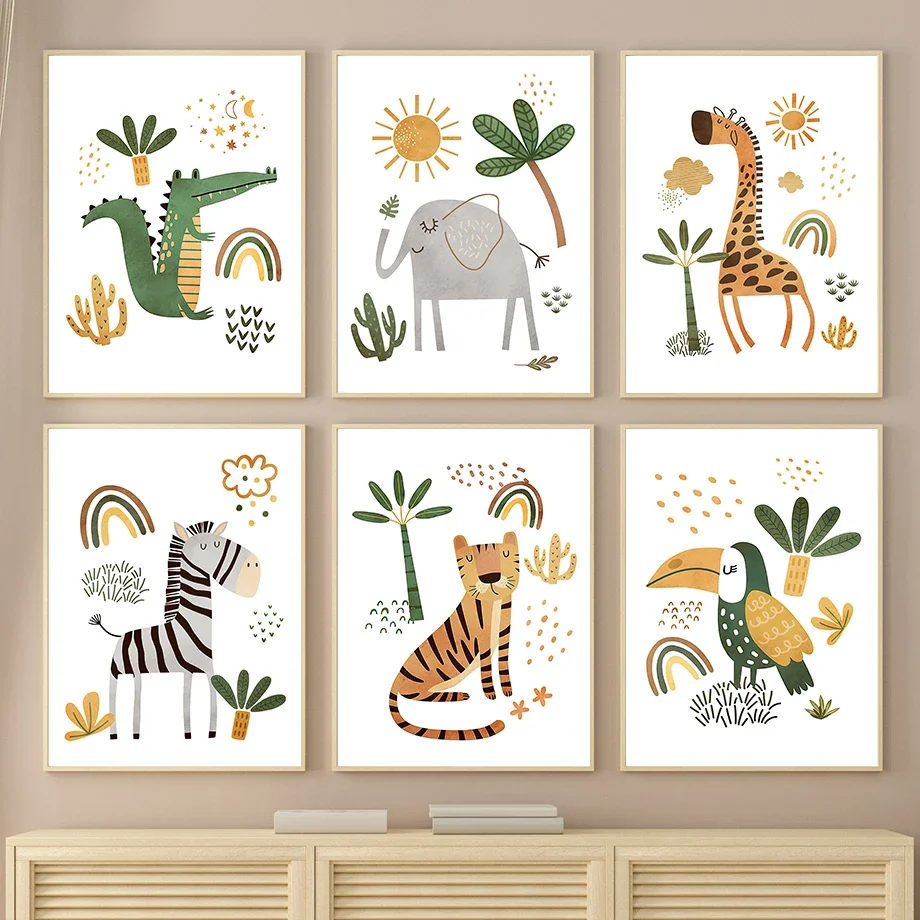 Baby Nursery Plants - (2D キャンバス絵画) キリン、ゾウ、トラ、シマウマ、オオハシ、ジャングルの動物、ウォールアート、キャンバス絵画、保育園ポスター、プリント P