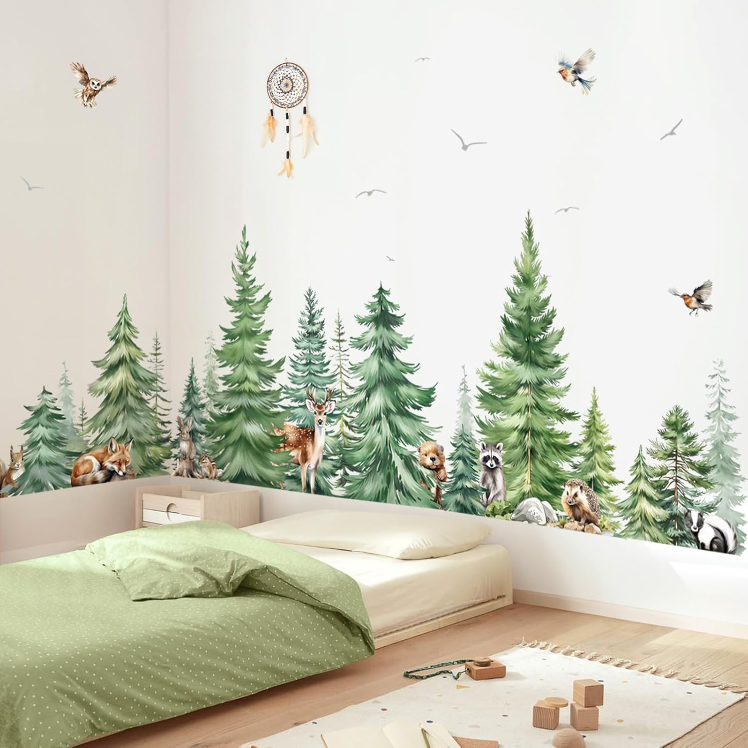 Baby Nursery Set Furniture - 大きな水彩画の松の木動物ウォールステッカー子供部屋寝室森林の木キツネ鹿クマ壁デカールベビー保育園