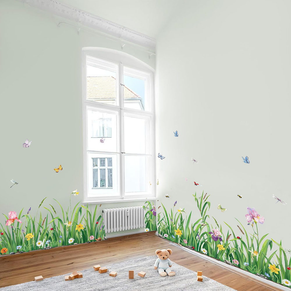 Baby Nursery Plants - 緑の草の花ボラデールウォールステッカーベビーナーサリーキッズルーム植物蝶屋上つる壁デカールバスルームキッチン