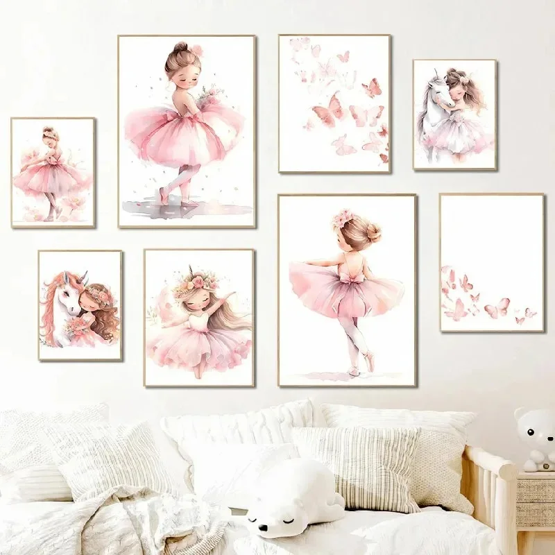 Baby Unicorn Nursery - ピンクのバレリーナガールユニコーン蝶ポスター子供部屋装飾キャンバスポスター保育園壁アートポスター赤ちゃんの寝室の装飾