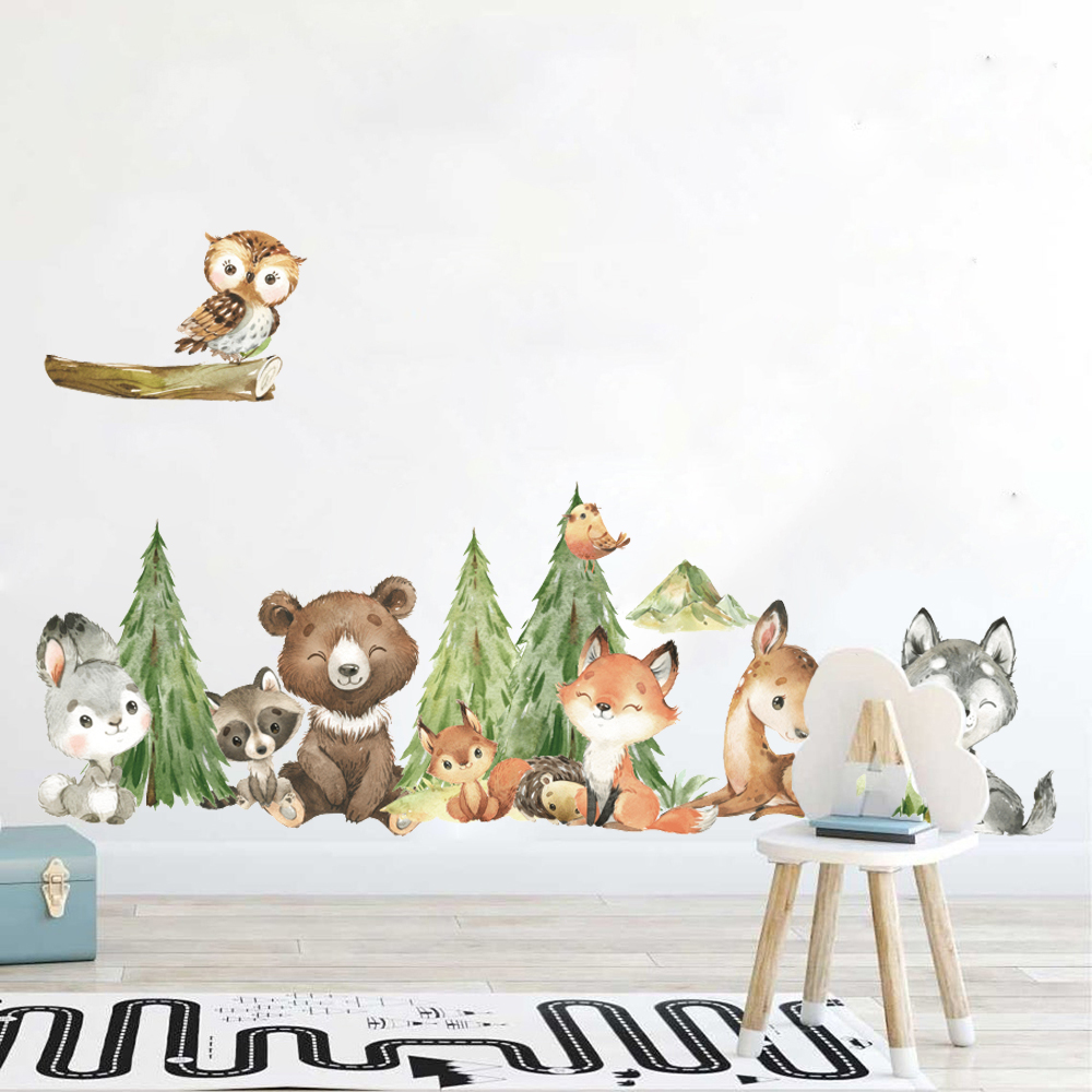 Baby Nursery Set Furniture - 子供部屋用の水彩画の森の動物のウォールステッカー,赤ちゃんの保育園の装飾,松の木,鳥,鹿,ウサギ,クマ,ステッカー