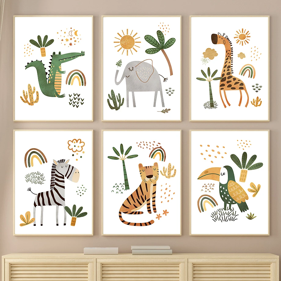 Baby Nursery Plants - キリン、ゾウ、トラ、シマウマ、オオハシ、ジャングルの動物、ウォールアート、キャンバス絵画、保育園ポスター、プリント写真、子供部屋装飾