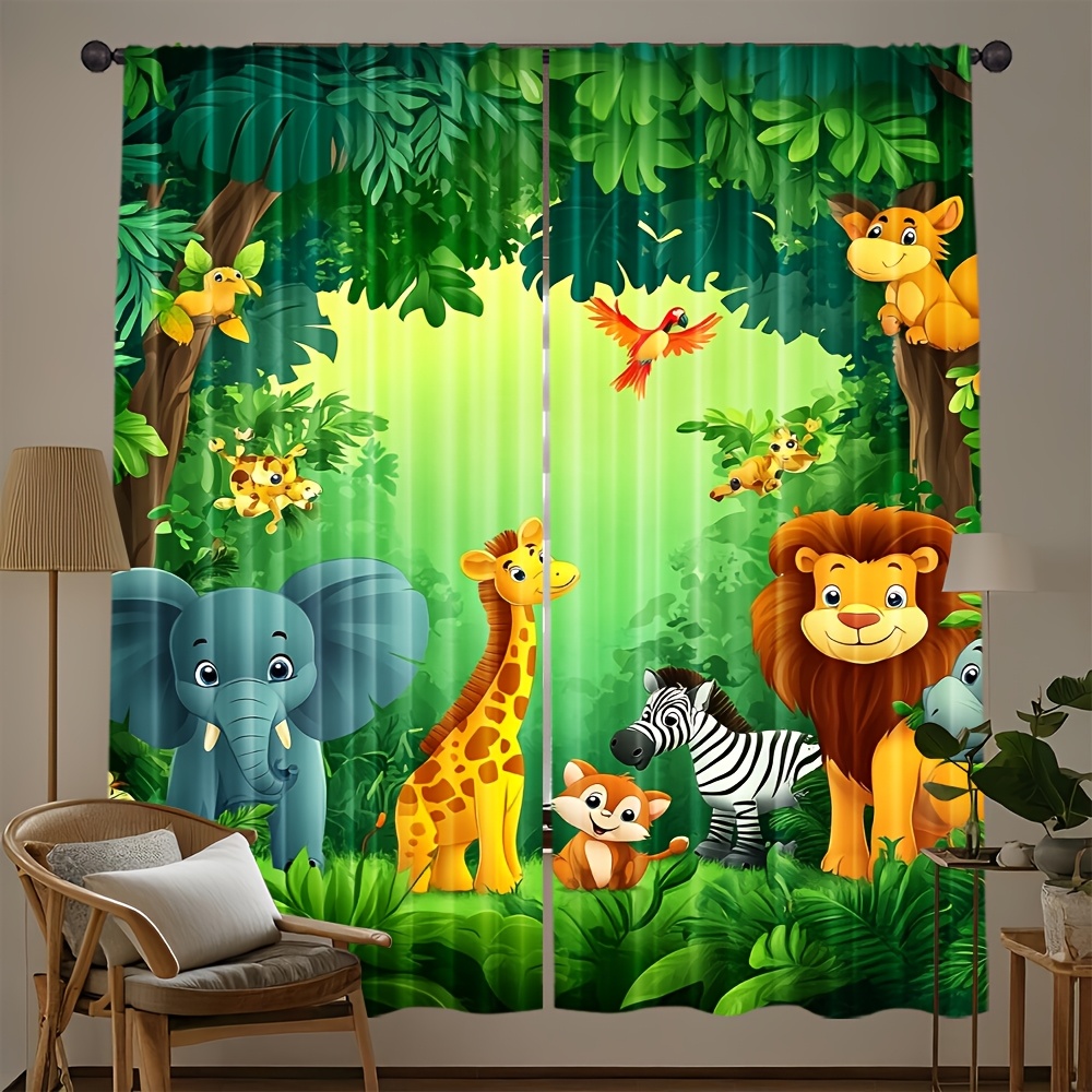 Baby Nursery Jungle - 2 個漫画動物カーテンジャングルサファリプリントポリエステル窓カーテン子供の寝室保育園ベビールーム家の装飾用