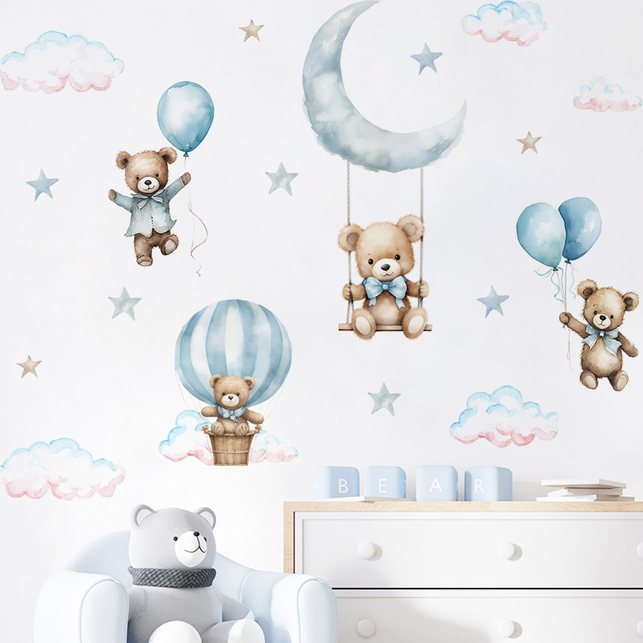 Baby Nursery Set Furniture - 水彩クマ熱気球雲ウォールステッカーブルーカラーキッズルームベビー保育園ルームウォールステッカー男の子ルームステッカー