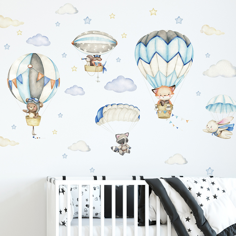 Baby Nursery Stickers - 漫画かわいい動物熱気球ウォールステッカーキッズルームベビー保育園ルーム壁飾り寝室の装飾家の装飾 PVC