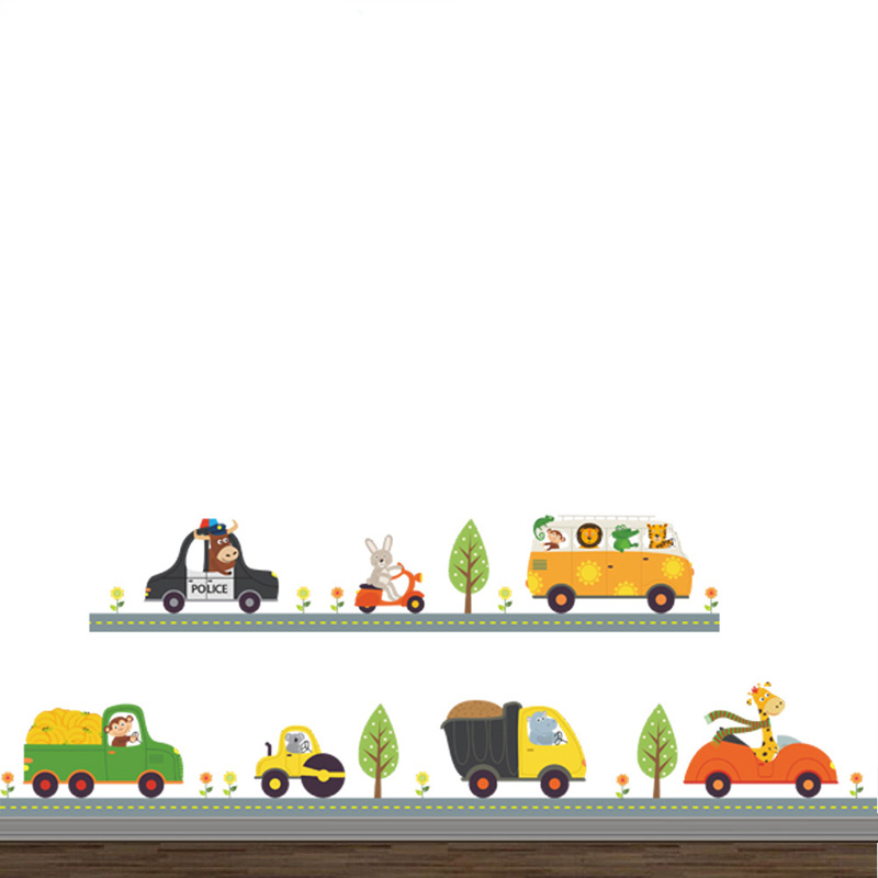 Baby Nursery Stickers - 漫画の動物の車のウォールステッカー,子供部屋の装飾,背景の装飾,取り外し可能なホームステッカー