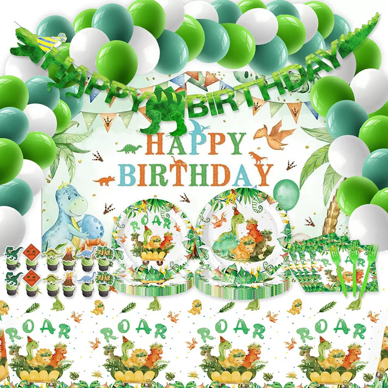 Baby Nursery Jungle Theme - 漫画恐竜テーマ使い捨て食器 恐竜誕生日デコレーション キッズベビーシャワー ジャングルサファリ誕生日パーティー用品
