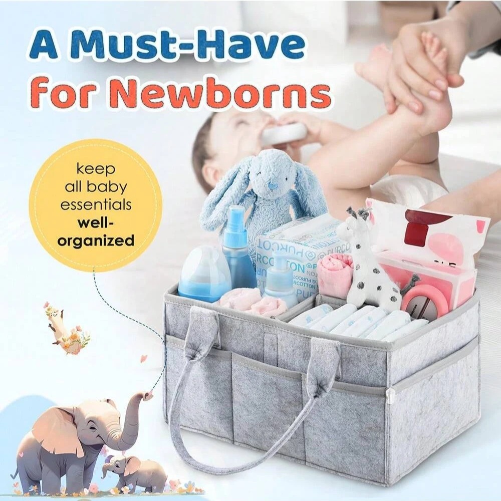 Baby Nursery Gender Neutral - ハンドル付きベビーおむつ収納カゴ、ジェンダーニュートラルな保育園用収納バスケット、ポータブルトートバッグ、車用オーガナイザー、新生児必需品