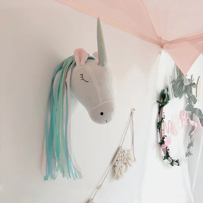 Baby Unicorn Nursery - ユニコーンのぬいぐるみ動物の頭の壁掛け飾り 北欧スタイル ベビールーム装飾 保育園の壁飾り 女の子の誕生日プレゼント