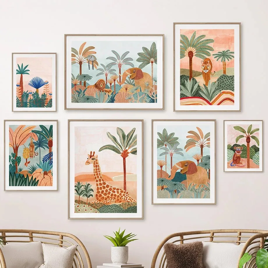 Baby Nursery Jungle - 自由奔放に生きるジャングルの動物、虎、猿、キリン、ココナッツの木、キャンバス絵画ポスター、保育園の壁アートプリント、赤ちゃん子供部屋の装飾