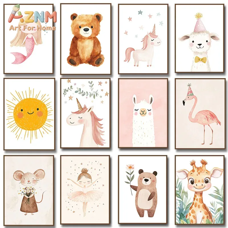 Baby Unicorn Nursery - AZNM 水彩画のかわいい動物キャンバスウォールアート ユニコーン、クマ、キリン、マーメイド、バレリーナ、太陽のプリント絵画 ベビー保育園や子供の寝室に