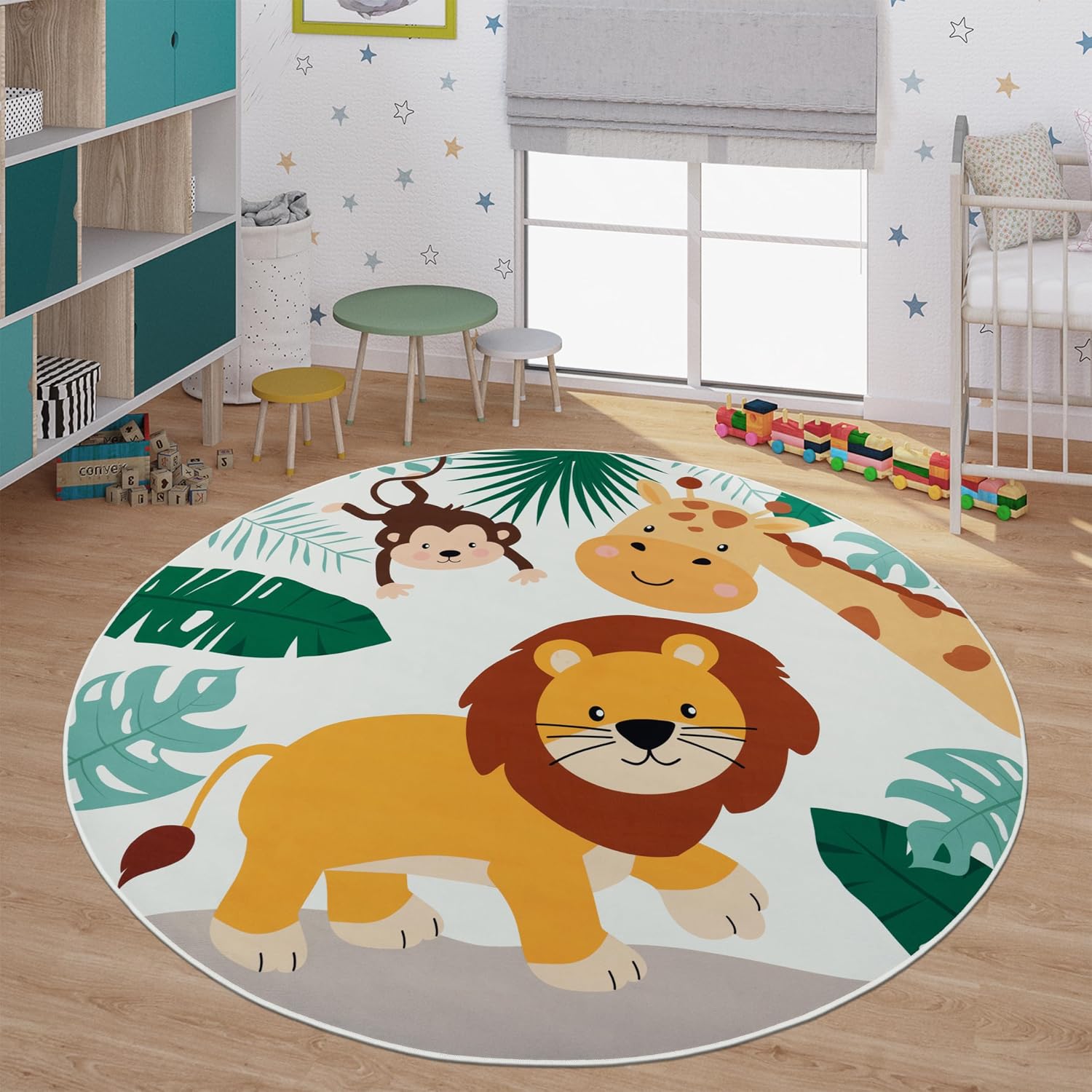 Baby Nursery Jungle Theme - 柔らかい丸いジャングルアニマル柄キッズプレイマット、保育園用ラグ、サファリテーマのライオン、キリン、モンキーのフロアデコレーション、ベビールーム用