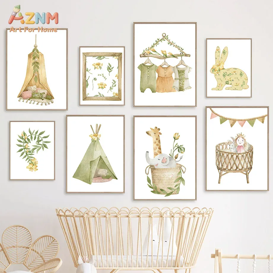 Baby Nursery Plants - AZNM 水彩画 ジャングルアニマル キャンバス ウォールアート ウサギ