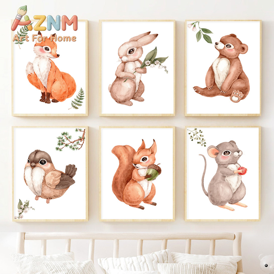 Baby Nursery Gender Neutral - 水彩画の森の動物の子供部屋用ウォールアート、森の生き物のキャンバスプリント、かわいいキツネやウサギのポスター、ジェンダーニュートラルなベビールーム装飾