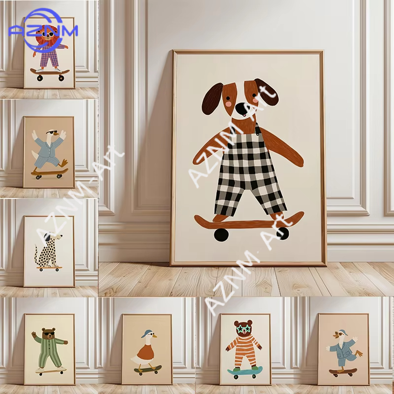 Baby Nursery Home - 1PC 面白い動物スケートボードポスタートレンディなガチョウアヒル犬スケートキャンバス絵画壁アートベビー保育室家の装飾用