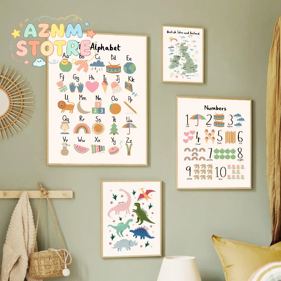 Baby Nursery Home - 動物世界地図 恐竜 アルファベット 数字 キャンバス ウォールアート
