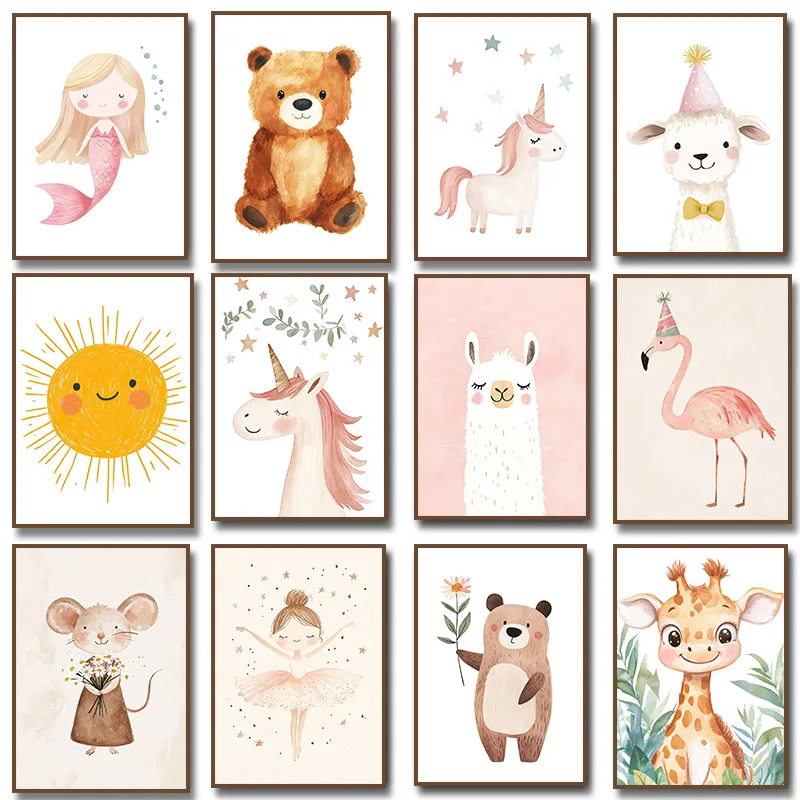 Baby Unicorn Nursery - ピンクのバレリーナと星のユニコーンかわいい人魚ベビーラマクマ鹿イラストキャンバス絵画プリントポスター保育園用12月