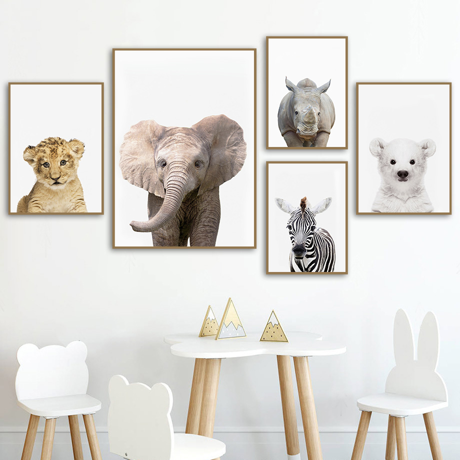 Baby Nursery Jungle - 1枚のフレームレスキャンバス絵画、赤ちゃん向けサファリ動物保育園の壁飾り、かわいいジャングル動物園の動物、子供部屋の家の装飾キャンバスポスター