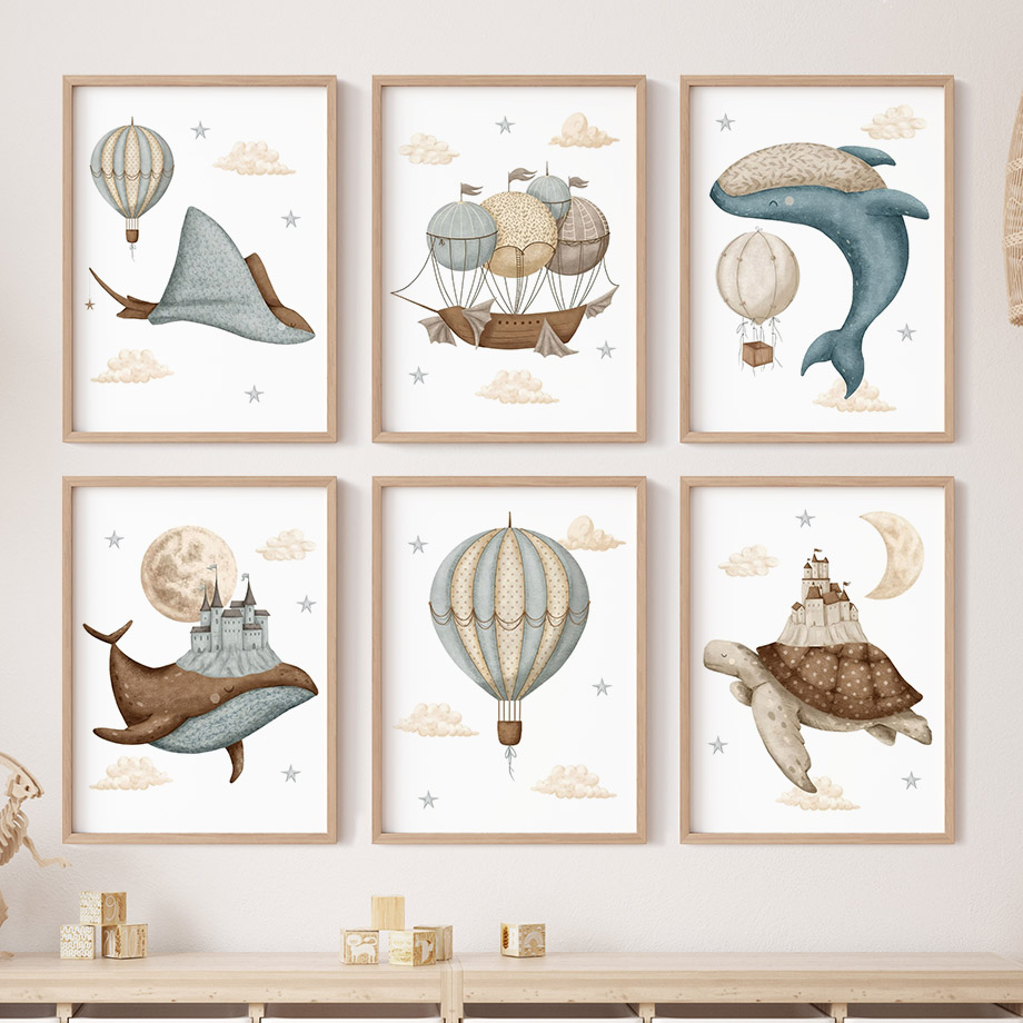 Baby Nursery Home - クジラ、カメ、城、バルーン、北欧風子供部屋のウォールアートポスター、アートプリント、ダイヤモンドペインティングの絵、ベビー・キッズルームの家の装飾