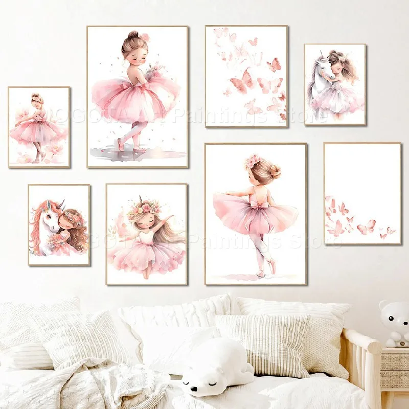 Baby Unicorn Nursery - 1枚--ピンクの女の子ユニコーンバレリーナ蝶の子供部屋用ウォールアートキャンバス絵画北欧ポスターとプリント絵画ベビーキッズルーム用