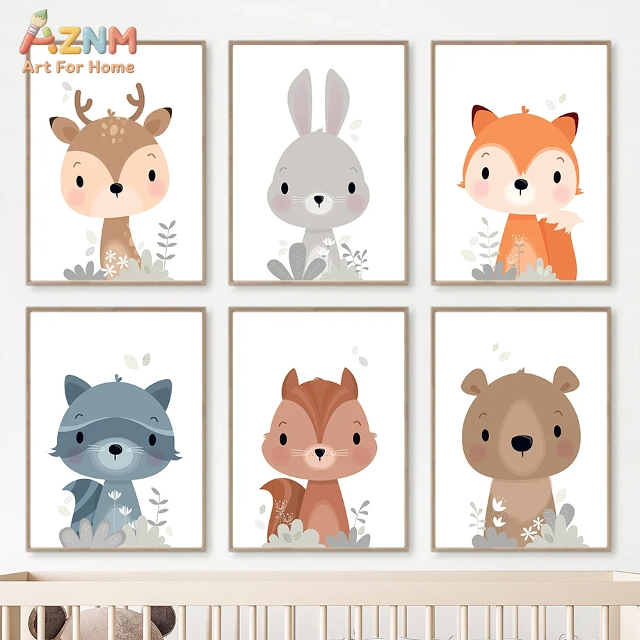 Baby Nursery Plants - AZNM かわいい森林動物キャンバスウォールアート、ミニマルな鹿、ウサギ、キツネ、リスの漫画風保育園ベビールームホームウォールデコレーション Unf