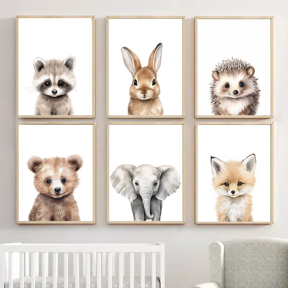 1枚の水彩画の森の動物たち、子熊、ウサギ、アライグマのポスタ - Baby Nursery Home のレビューと価格