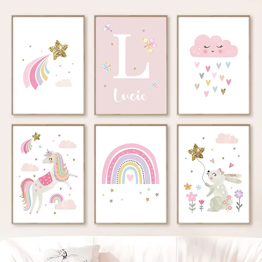 ピンクのユニコーンウサギ虹雲花保育園壁アートキャンバス絵画ポ - Baby Unicorn Nursery のレビューと価格