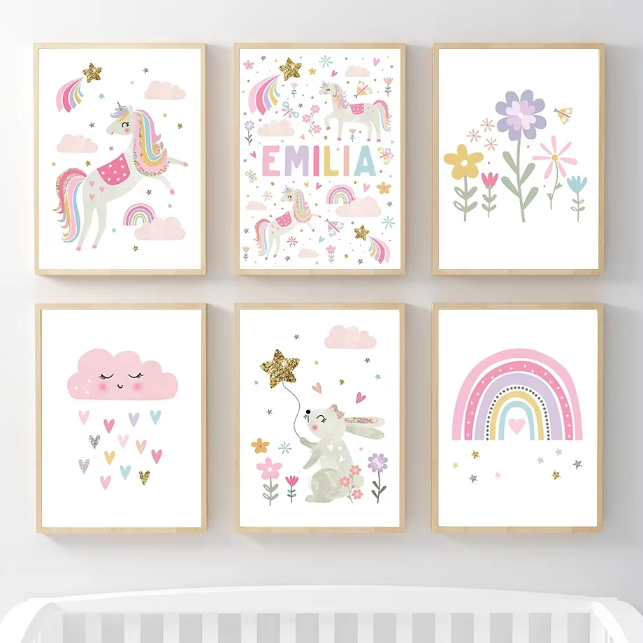 ピンクのユニコーンウサギ虹雲花保育園壁アートキャンバス絵画ポ - Baby Unicorn Nursery のレビューと価格