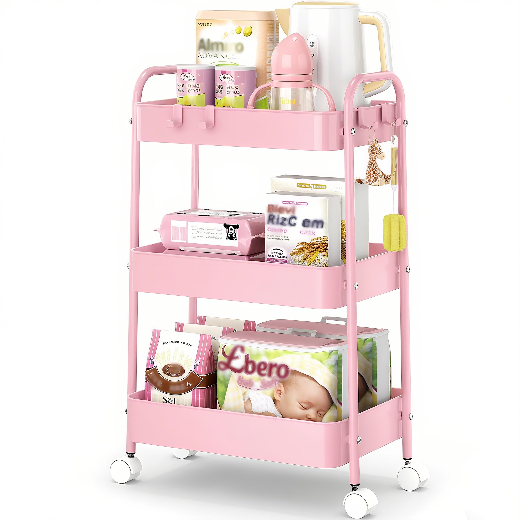 3段式メタルローリングカート（車輪付き）モダンなピンクのユー - Baby Nursery Organizer のレビューと価格