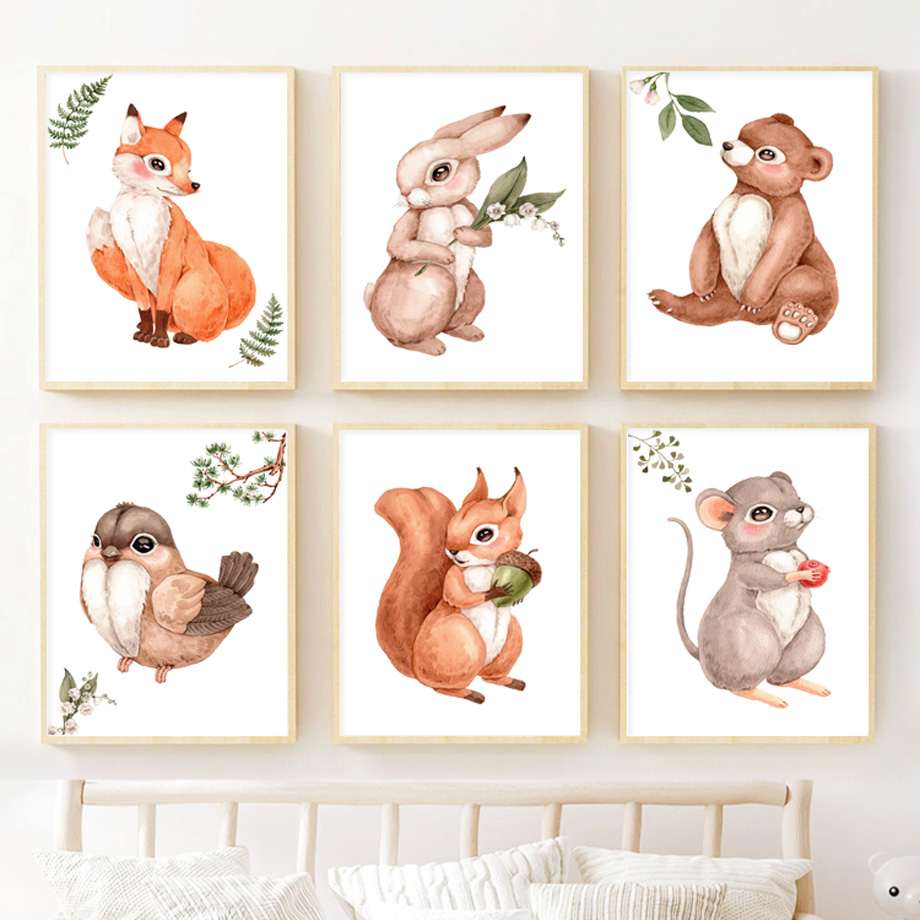 水彩画の森の動物保育園の壁飾り、森の生き物キャンバスプリント - Baby Nursery Gender Neutral のレビューと価格