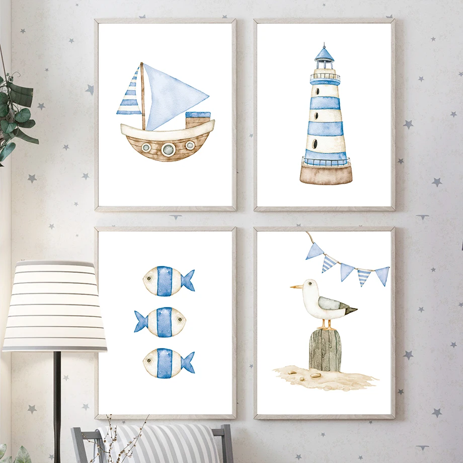 帆船灯台魚航海保育園ポスターとプリントキャンバス絵画北欧壁ア - Baby Nursery Home のレビューと価格