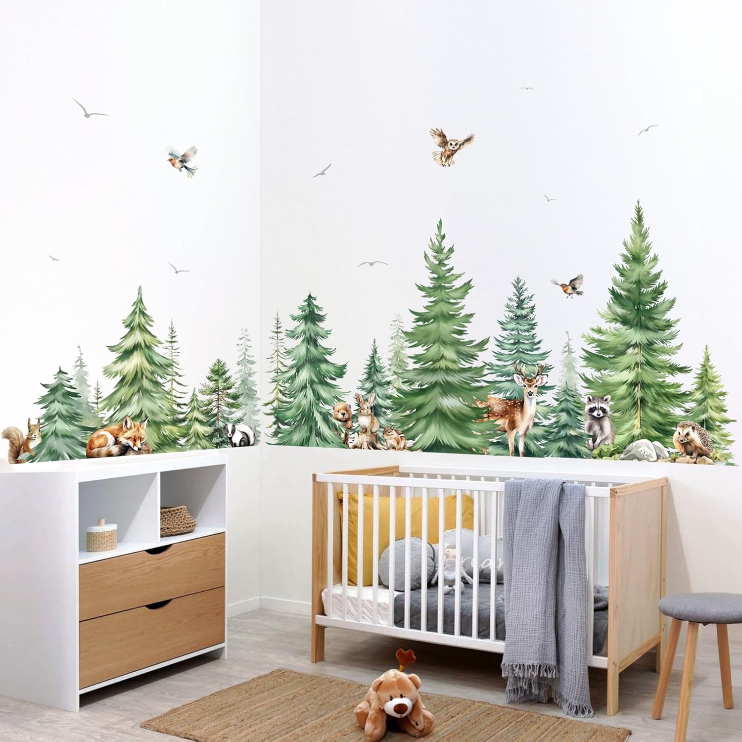 大きな水彩画の松の木動物ウォールステッカー子供部屋寝室森林の - Baby Nursery Set Furniture のレビューと価格