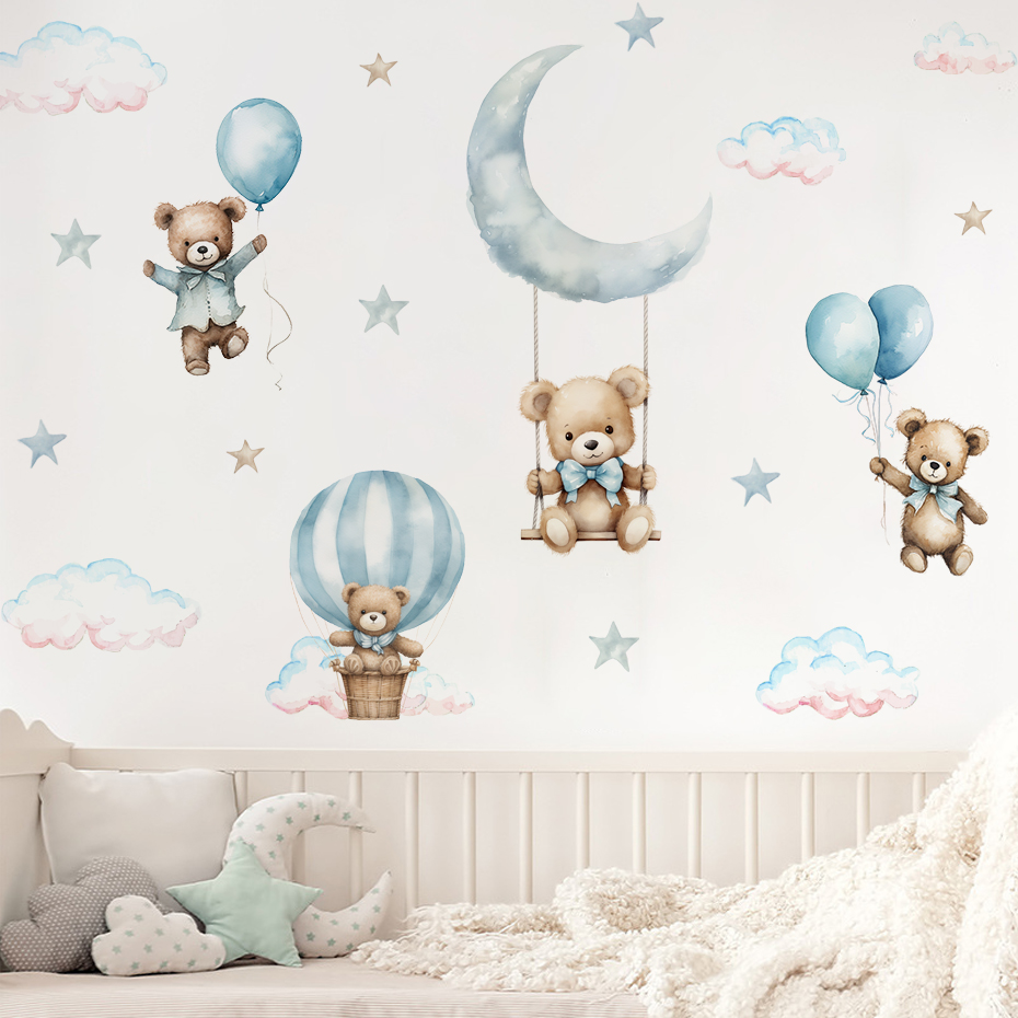 水彩クマ熱気球雲ウォールステッカーブルーカラーキッズルームベ - Baby Nursery Set Furniture のレビューと価格