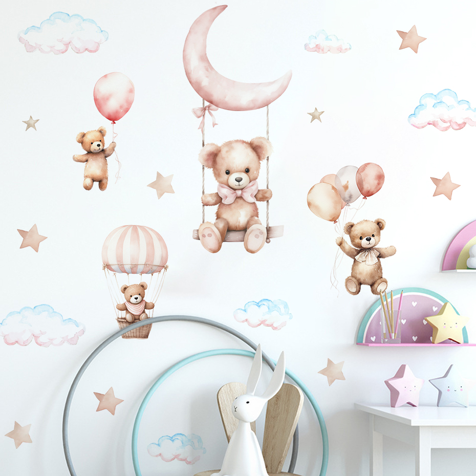 水彩クマ熱気球雲ウォールステッカーブルーカラーキッズルームベ - Baby Nursery Set Furniture のレビューと価格