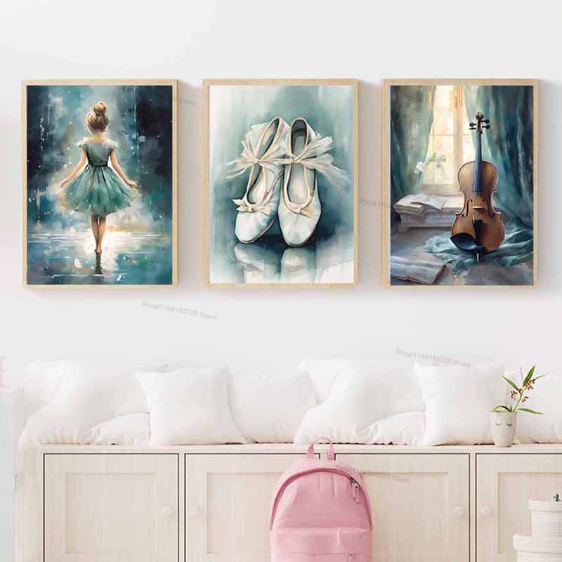 水彩バレエ少女靴チェロ保育園壁アートキャンバス絵画北欧ポスタ - Baby Nursery Home のレビューと価格