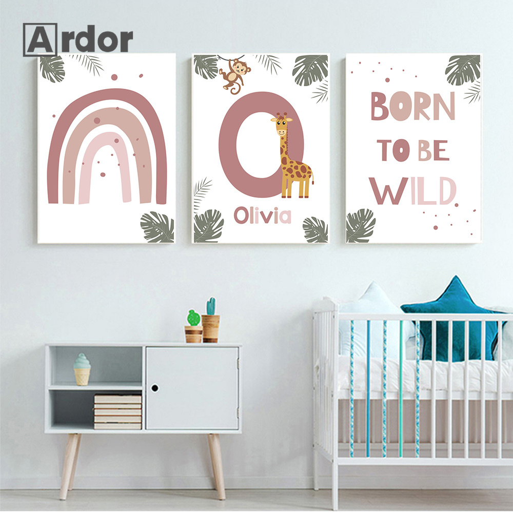 北欧ジャングル動物ポスター カスタムネーム キャンバス絵画  - Baby Nursery Jungle のレビューと価格
