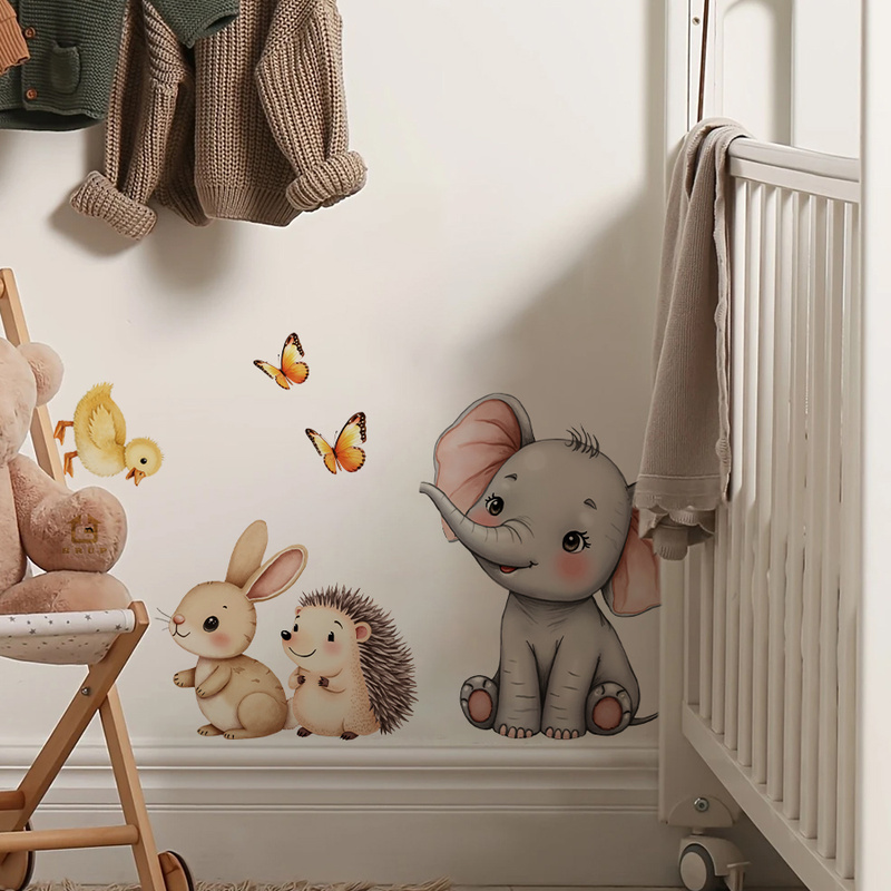 漫画の動物の壁ステッカー - 象バニーハリネズミ保育園デカー - Baby Nursery Stickers のレビューと価格