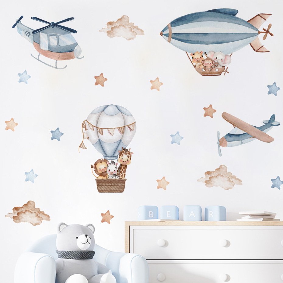 水彩動物熱気球雲ウォールステッカーキッズルームベビー保育園ル - Baby Nursery Set Furniture のレビューと価格